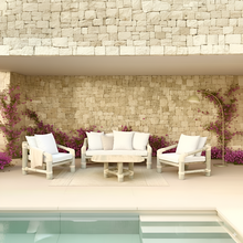 Cargar imagen en el visor de la galería, CONJUNTO DE JARDÍN VIÑA MARFIL – SOFÁ TRIPLE, BUTACA Y MESA EN MADERA MACIZA